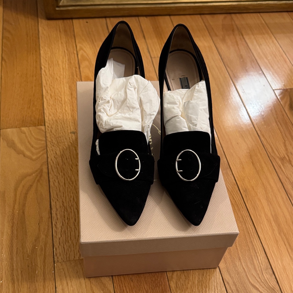 Prada Black Suede Women's Heels W/ Silver Buckle